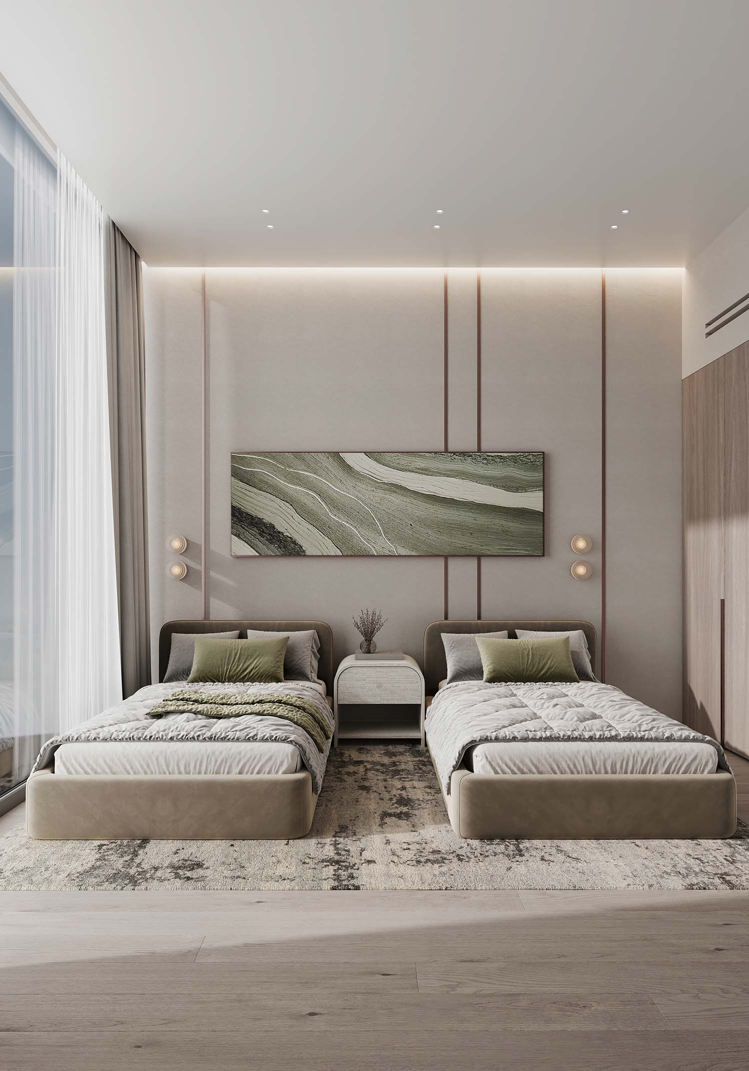 Cove By Imtiaz A modern bedroom featuring two twin beds, a decorative wall painting, and a minimalist nightstand.